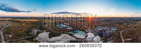 Aerial Panorama Of Industrial Chalk Quarry Or Chalkpit For Limestone Mining And Beautiful Nature Lan