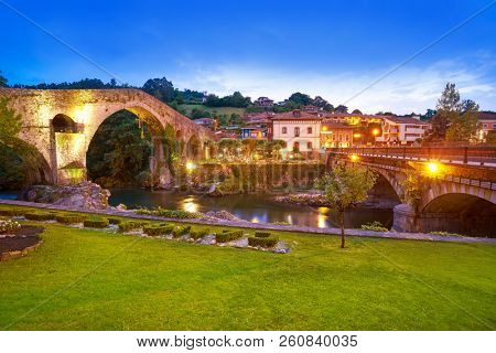 Cangas de Onis roman bridge on Sella river in Asturias of Spain