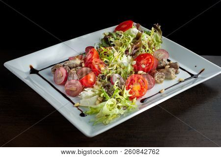 Chicken Hearts, Vegetable Salad. Sprinkled With Pine Nuts.