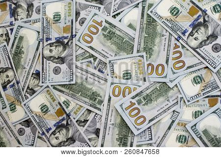 Scattered One Hundred Dollas Banknotes Close Up Background