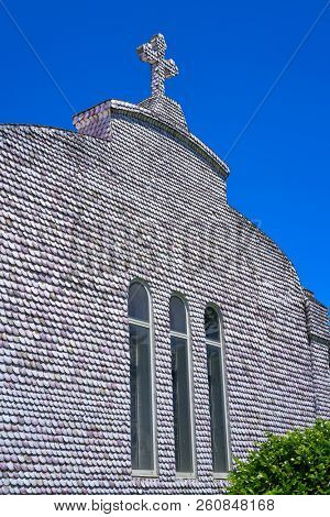 La toja island Toxa Chapel made of sea shells in Pontevedra Galicia Spain