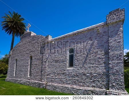 La toja island Toxa Chapel made of sea shells in Pontevedra Galicia Spain