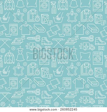 Dry Cleaning, Laundry Blue Seamless Pattern With Line Icons. Laundromat Service Equipment, Washing M