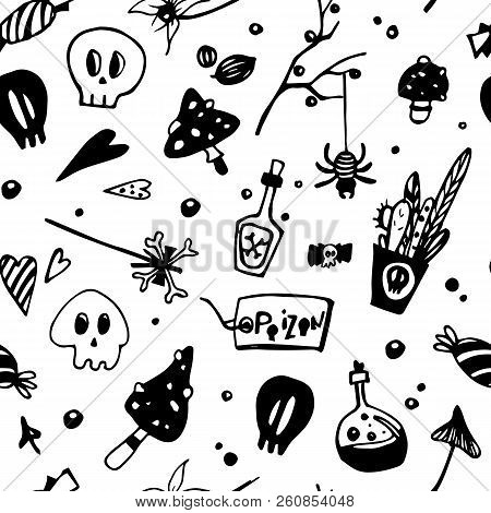Halloween Seamless Black And White Pattern With Poisonous Elements: Spiders, Skulls, Mushrooms. Seam