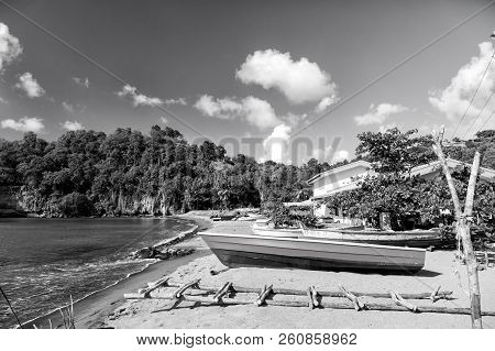 Boats On Sea Beach In Fishing Village Of Castries, St.lucia. Fishing And Recreation On Tropical Isla