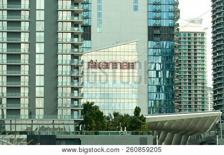 Miami, Usa - August 22, 2018: Akerman Logo On A Building In Miami. Akerman Is A Law Firm Based In Mi