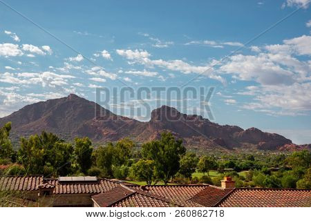 Scenic desert landscape in Scottsdale, Phoenix,Arizona, Camelback Mountain features the shape of a camel and is a popular hike for locals and tourists.