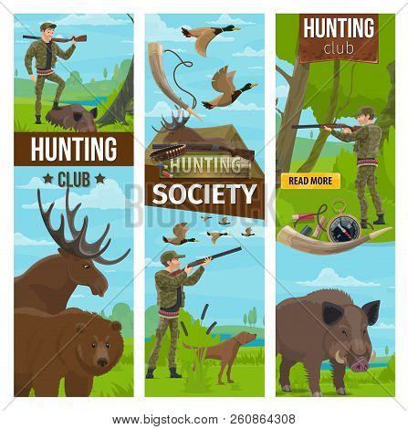 Hunting Club Or Society Banners Of Hunter In Camouflage Outfit With Rifle Gun And Dog For Wild Anima