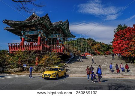 Gyeongju, South Korea, November1, 2017.people Visit Bell Pavilion Near The Entrance To Seokguram Gro