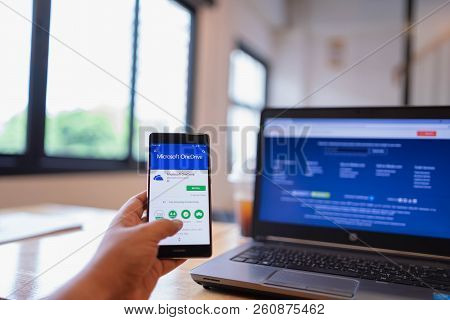Chiang Mai, Thailand - June 03,2018: Man Holding Huawei With Onedrive On Screen. Microsoft Onedrive 