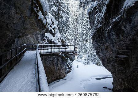 Winter In Johnston Canyon In Banff National Park, Alberta, Canada