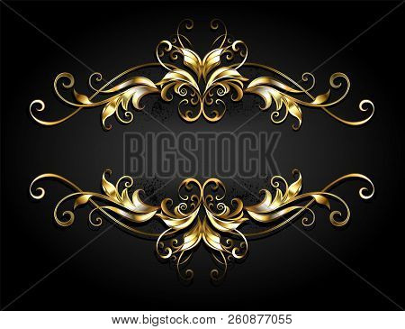 Symmetrical, Patterned Gold Frame Scroll On Black Background.
