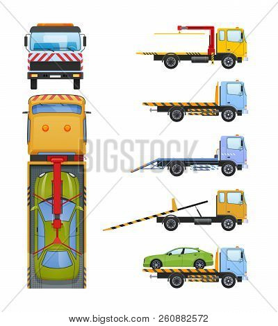 Set Of Tow Trucks With Sliding Platform, Hydraulic Manipulator, Crane.