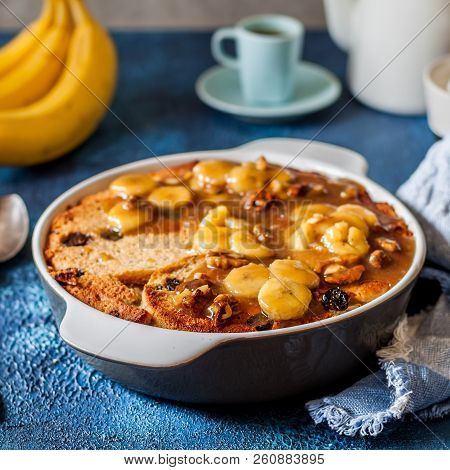 Caramelized Banana And Walnut  Leftover Panettone Bread Pudding, Square