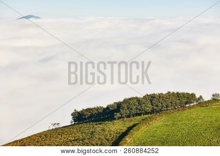 Mountain Landscape With Sea Of Clouds In Asturias, Spain. Scenic