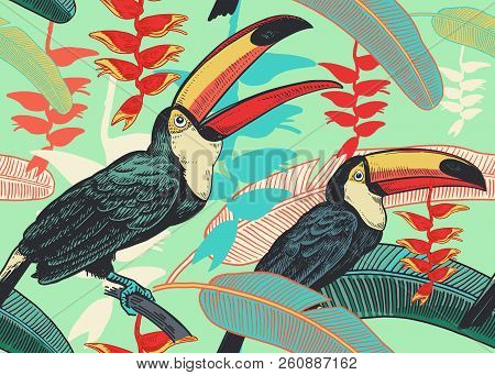 Birds Toucans On Background Of Tropical Leaves And Flowers. Floral Seamless Pattern For Design Paper