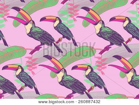 Birds Toucans On Background Of Tropical Leaves And Flowers. Floral Seamless Pattern For Design Paper