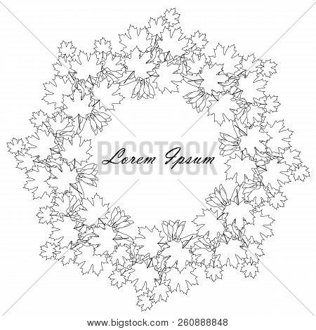 Maple Leaves, Fruits Monochrome Circle Background, Lorem Ipsum With Black Outlines, Design Element S