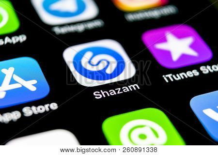 Sankt-petersburg, Russia, September 30, 2018: Shazam Application Icon On Apple Iphone X Screen Close