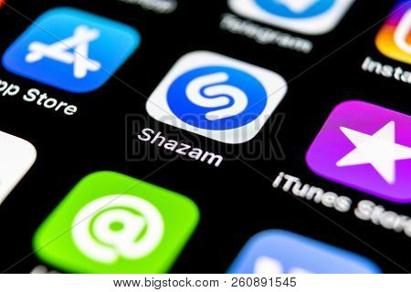 Sankt-petersburg, Russia, September 30, 2018: Shazam Application Icon On Apple Iphone X Screen Close