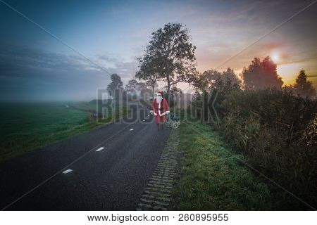 Santa Claus  With Christmas Tree Walking Along The Country Road, Dark, Sunset.