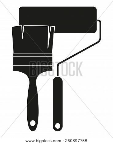 Black And White Paint Roller And Brush Silhouette. Supply For Art Drawing And Construction Work Hand