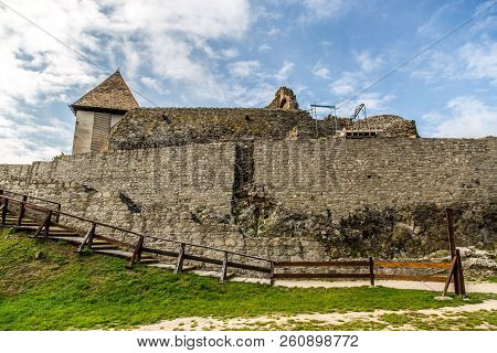 The Ruins Of Medieval Fortress Of Visegrad, Hungary Up On The Hill, The Inner Part Is Surrounded By 