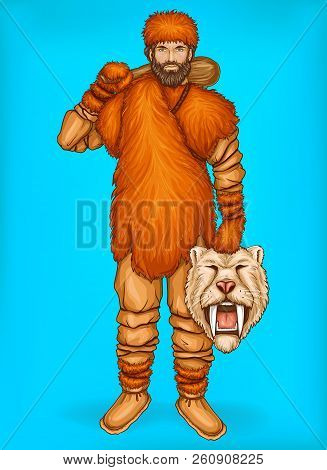 Vector Pop Art Caveman In Fur Pants, Clothes And Footwear. Hunter Holds Wild Animal Head, Prey. Nean