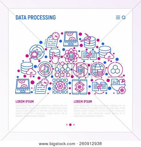 Data Processing Concept In Half Circle With Thin Line Icons: Data Science, Filtering, Deep Learning,