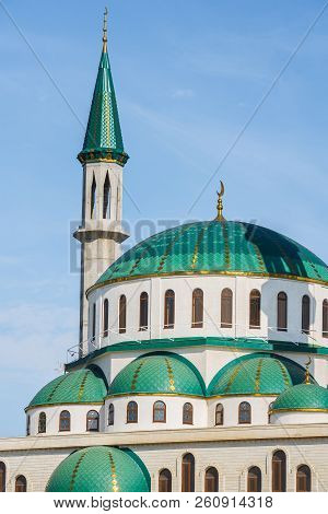 The Cathedral Mosque At Sunny Day In Cherkessk, Karachay-cherkessia, Russia. Details Of The Architec