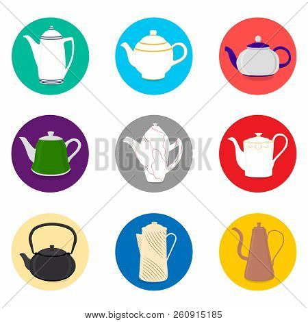 Vector Illustration For Set Of Colored Ceramic Teapot, Kettle In Icons. Teapot Pattern Consisting Of