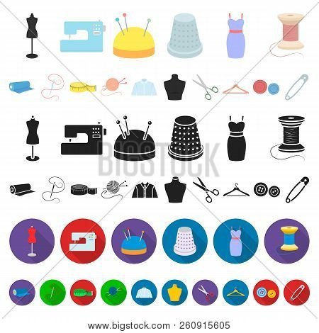 Atelier And Sewing Cartoon Icons In Set Collection For Design. Equipment And Tools For Sewing Vector