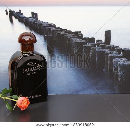 Jaguarfor Men, Eau De Toilette, Large Perfume Bottle In Front Of The Picture Of A Groyne In The Sea 