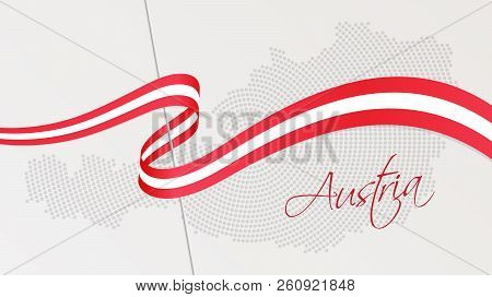Vector Illustration Of Abstract Radial Dotted Halftone Map Of Austria And Wavy Ribbon With Austrian 