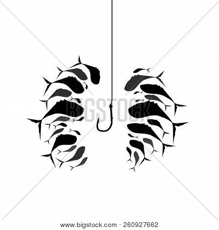 Flock Of Fish Near The Hook. Silhouette Of Schools Of Fish Around The Fish Hook. Vector Illustration