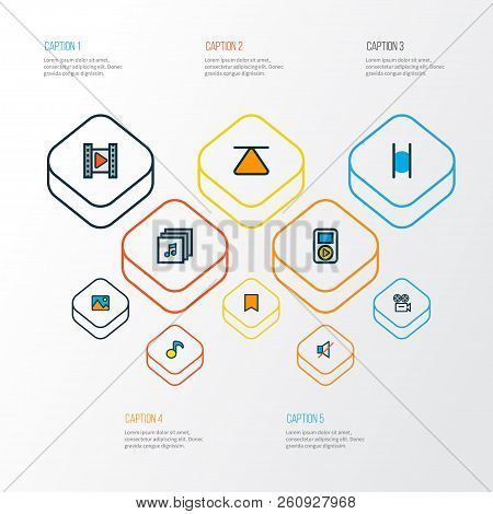 Multimedia Icons Colored Line Set With Pause, Cinema, Image And Other Eject Elements. Isolated Vecto