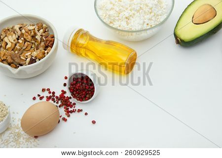 Keto Dieting. Ketogenic Foods On White Background With Copy Space. Low Carb, High Good Fat. Concept