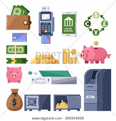 Money Icons Set. Finance, Banking, Investment And Commerce Symbol. Atm, Terminal, Dollars, Piggy Ban