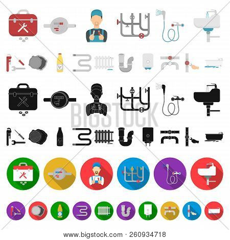 Plumbing, Fitting Cartoon Icons In Set Collection For Design. Equipment And Tools Vector Symbol Stoc