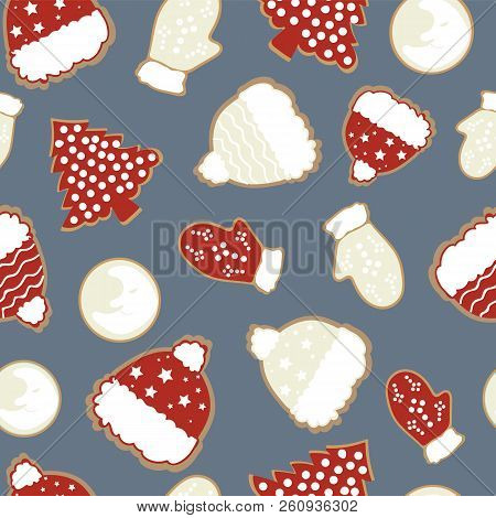 Vector Winter Seamless Repeat Pattern With Ski Caps, Ski Mittens, Christmas Tree . Christmas Repeati