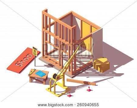 Vector Isometric New Shop Or Store Building Construction Process Icon