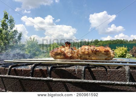 Beautiful Tasty Food From Slice Grilled Chicken Meats, Roast On Metal Brazier. Meat Of Bird With Cri