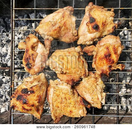 Beautiful Tasty Food From Slice Grilled Chicken Meats, Roast On Metal Brazier. Meat Of Bird With Cri