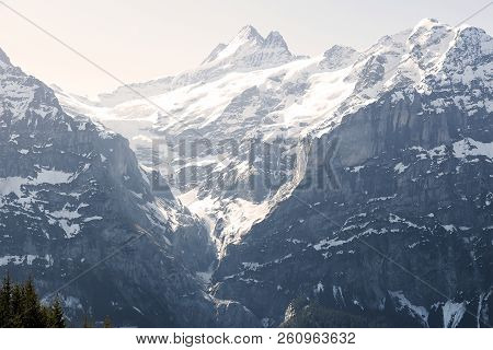 Three Peaks Of Mountain Alps Looking From Grindelwald First Peak Electric Cable Car , Switzerland Eu