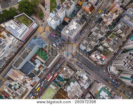 Cars With Intersection Streets In Sham Shui Po District. Architecture And Transportation Background.
