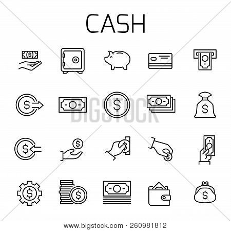 Cash Related Vector Icon Set. Well-crafted Sign In Thin Line Style With Editable Stroke. Vector Symb