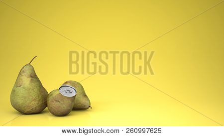 Fresh Pear Juice In Pear Can And Pears, Over Yellow Background With Copy Space, Natural Drink Concep