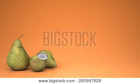 Fresh Pear Juice In Pear Can And Pears, Over Orange Background With Copy Space, Natural Drink Concep