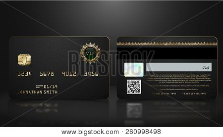 Vector Realistic Black Credit Card With Abstract Geometric Background. Golden Element Credit Card Da