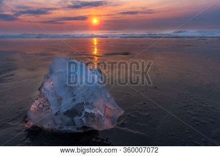 Dream Destination Travel Landscape, Jewelry Ice Beach At Otsu Beach In Toyokoro Town, Japan.jewelry 